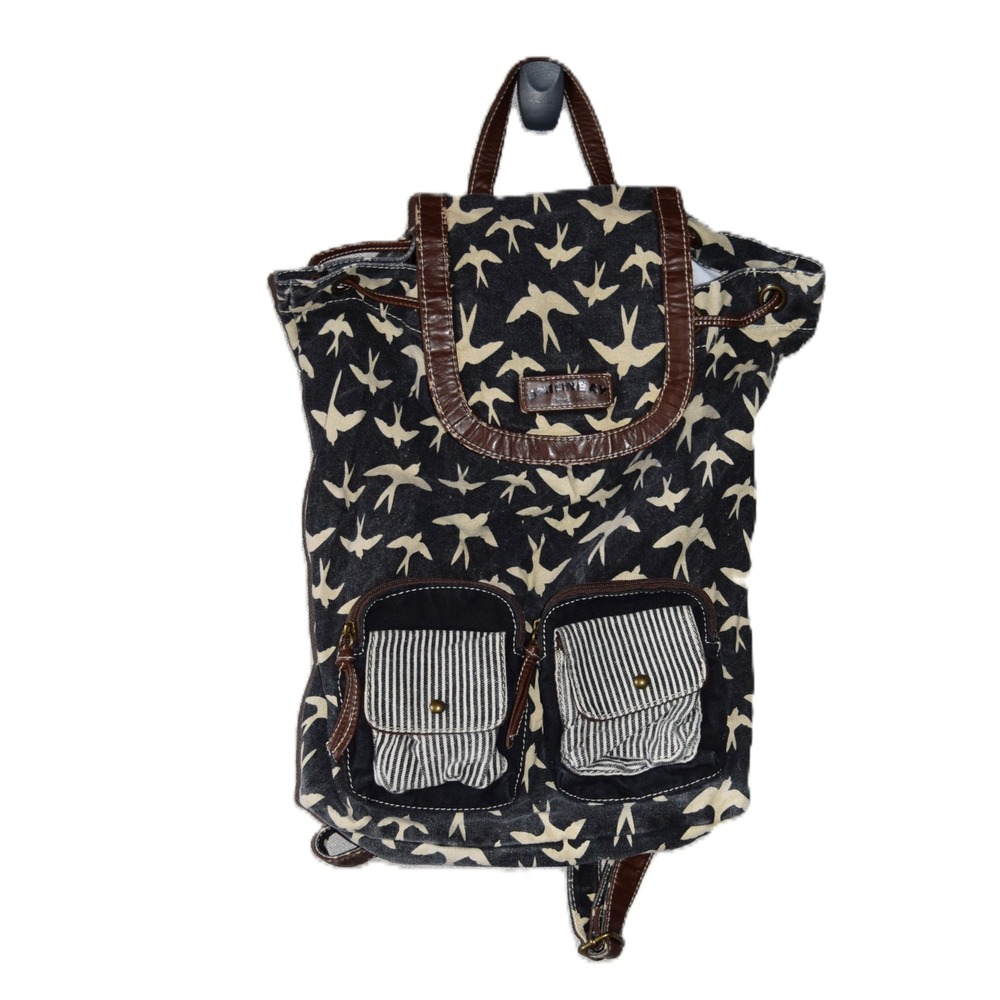 Unionbay Backpack Womens OS Black Bird Print Canvas Faux Leather Good Rucksack